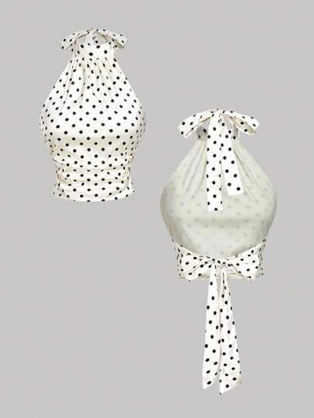 SHEIN MOD Beige And Black Polka Dot Satin Tie-Neck Top With High Collar And Open Back – Vintage Elegant Court Style, Date, Party, Y2K, Festive & Birthday Wear Polka Dot Top Tie Tops White Polka Dot Top Polkadot Top Halter Neck Top,Halloween Costumes,Vacation Outfits Women,2000s Clothes,Christmas Costume