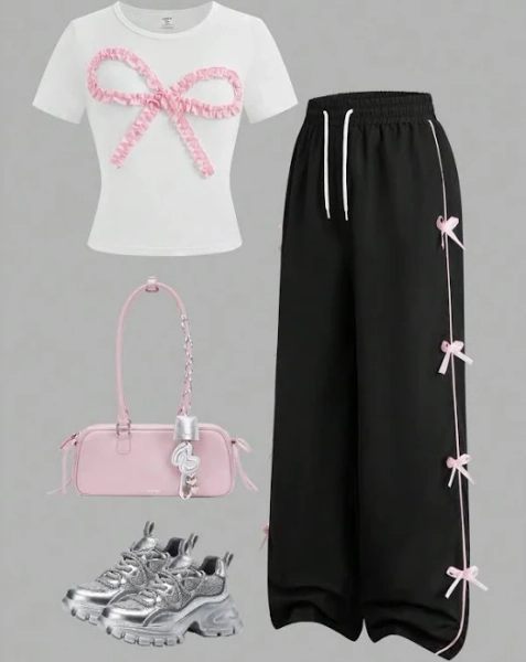 SHEIN Teenage Girls Sweet Cute Ruffle Bow T-Shirt and Pants Outfit