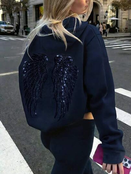 Sweatshirt gris clair avec broderie d'ailes d'ange pailletée, style Y2K mignon pour femmes. Sweatshirt décontracté à épaules tombantes et manches longues pour femmes - Taille L