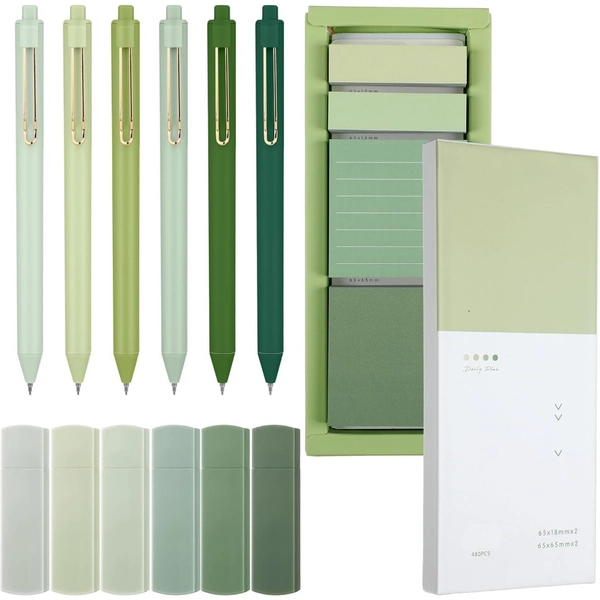13pcs Green Stationery Set * * of Sticky Notes, 6 Pens, and Office Supplies