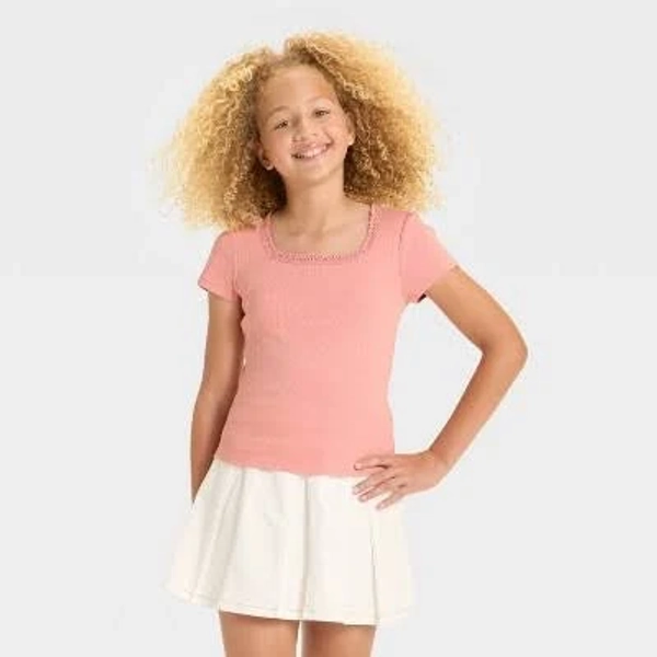 Girls' art class Lace Trim Short Sleeve Pointelle T-Shirt