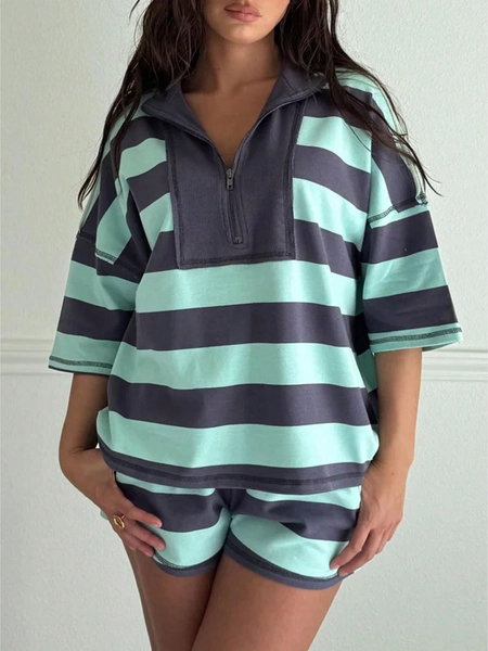 Womens Summer 2pcs Set Stripe Seam Detail Half Zip Oversize Tee Shorts Sweatsuits Casual Lounge Outfits With Pockets