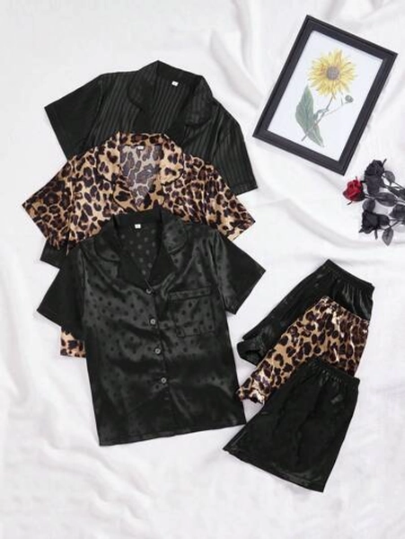 3pcs Set Collar Pocket Satin Pajama Set/Sleepwear Set, Vacation
