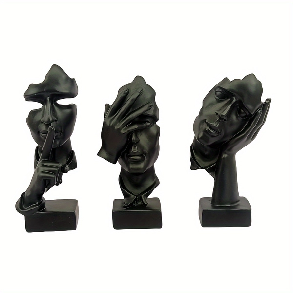 Set of 3 Thinker Statue, Large Size Silence Is Golden Abstract Art Statue, Hear No Say No Modern Home Resin Sculpture Decoration Object Creative Room Home, Office Study Modern Decoration (Black)