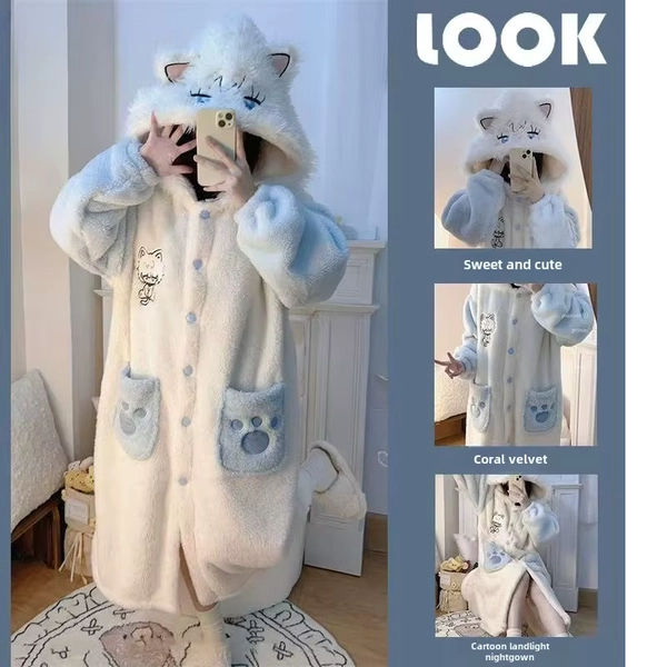 Link Click Lucas Japanese cute creative cartoon pictures thickened warm, soft and comfortable coral velvet hooded nightgown - AliExpress 26
