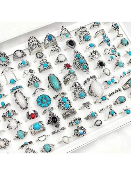 20pcs/Set Synthetic Turquoise Inlaid Alloy Rings Set, Vintage Bohemian Cactus Mixed Style Multi-Piece Set, Western Cowboy Couples Finger Rings For Party, Daily Wear, Fashion Jewelry Gift, Random Delivery