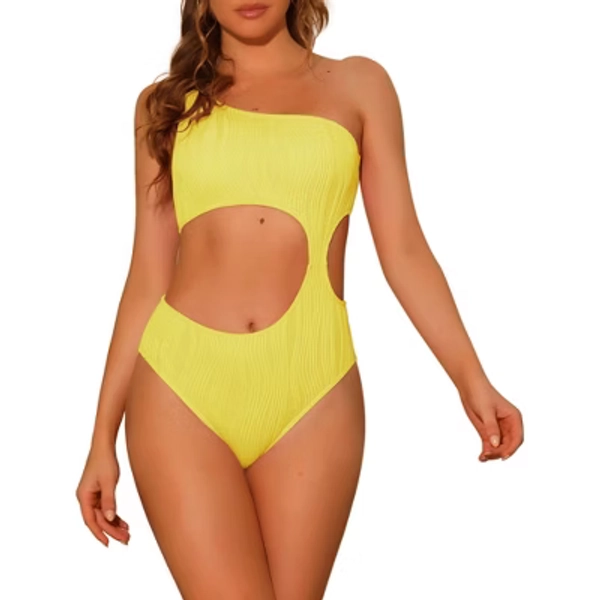 INSPIRE CHIC Women's One Shoulder Asymmetric Waist Cutout Ribbed Swimwear Monokini One Piece Yellow Small