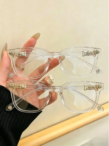 clear frame silver hardware chrome heart glasses 