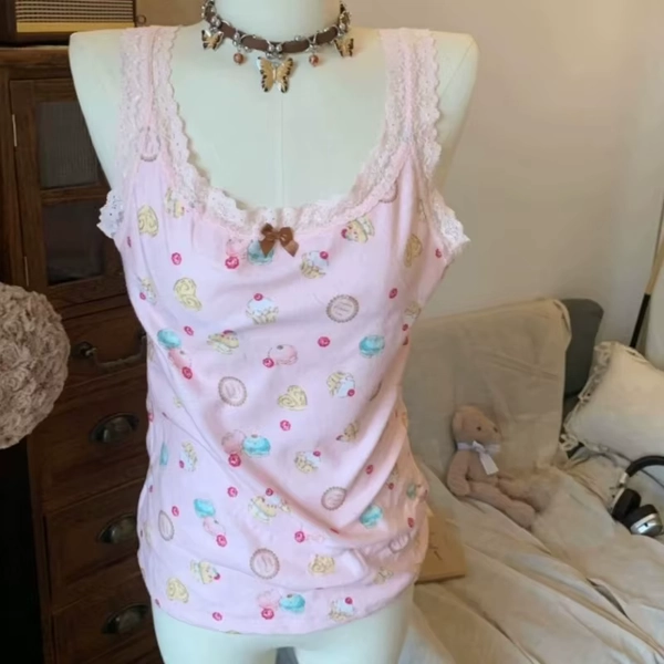 Japanes Cute Sweet Cake Print Tank Tops Kawaii Sleeveless Lace Edge Bow Camisole Summer Casual Thin Soft Top Outside Women 2025 - AliExpress 200000345