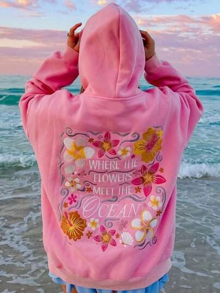 Women Y2k Graphic Hoodies Long Sleeve Oversized Hooded Sweatshirt Floral Embroidered Beach Hoodies Pullover Tops For Teen Girl Preppy Aesthetic Clothes