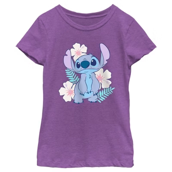 Girl's Lilo & Stitch Floral Stitch  T-Shirt - Purple Berry - Medium
