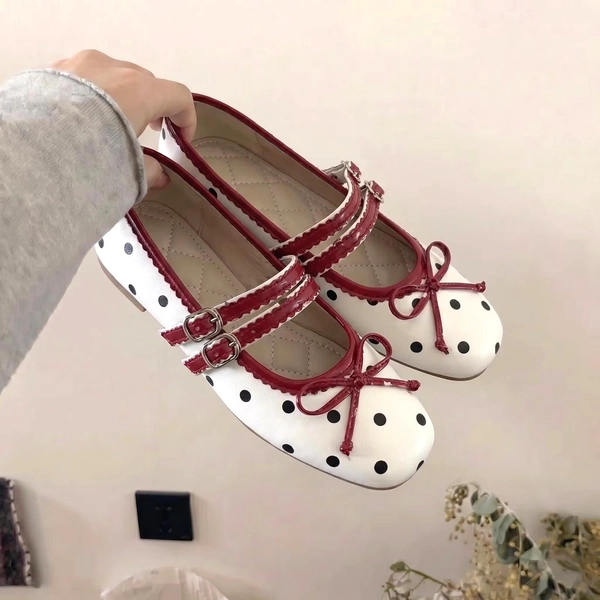Polka Dot Mary Jane Flats Women Double Strap Red Trim Ballet Flats Cute Bow Shoes Vintage Retro Comfortable Ballerina