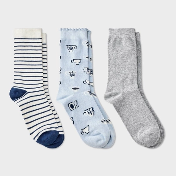 Women's Teacups Scallop Cuff 3pk Crew Socks - A New Day™ Blue/Heather Gray/Navy 4-10
