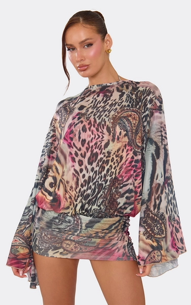 Long Flared Sleeve Slash Neck Blouson Mini Beach Dress In Multi Animal Print
