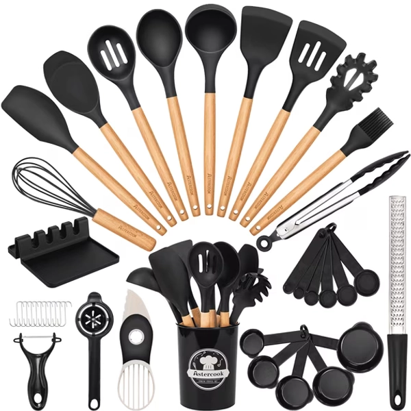 Astercook Silicone Cooking Utensils Set, 38 PCS Kitchen Utensils Set for 446°F Heat Resistant, Food Grade Utensil Sets with Wooden Handle, Kitchen Gadgets for Nonstick Cookware BPA Free (Black)