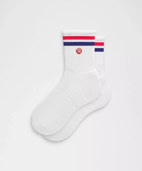 Unisex Daily Essential Quarter Socks *Stripe - White/Lulu Red/Deep Sea Blue - M
