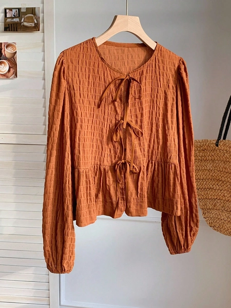 Comfortcana Women's Rust Brown Simple Casual Front Tie Bow Blouse, Fall Top