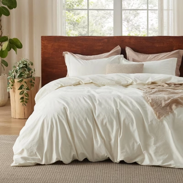 Bedsure 100% Washed Cotton Duvet Cover Set - Cream Minimalist for All Seasons, 2Pcs GentleSoft™ Plain Simple Cotton Bedding Set with 1 Pillow Sham