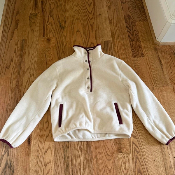 J.Crew cream fleece jacket with burgundy trim Size...