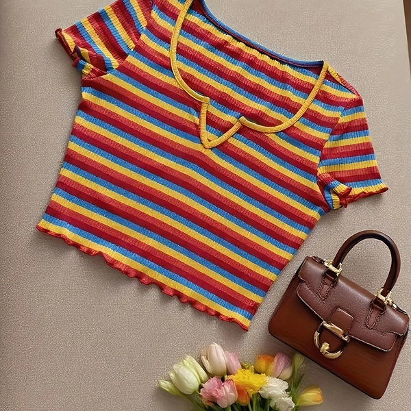 Women'S Fashion Elegant Casual Holiday Slim Fit Colorful Striped Short Sleeve Crew Neck T-Shirt