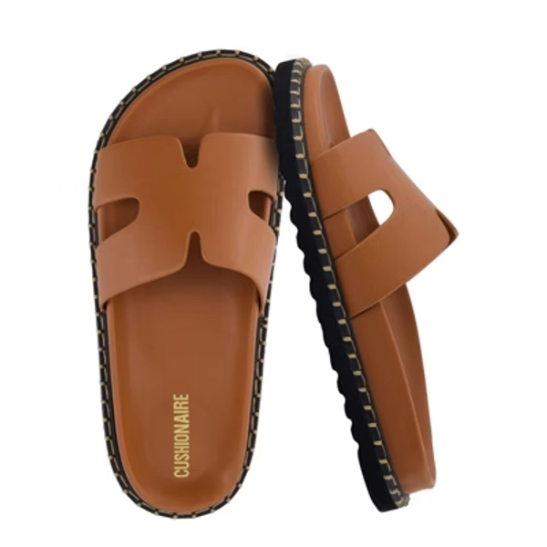 CUSHIONAIRE Crisp Women’s Slide Sandal – Faux Leather Cutout Slip-On with Artisan Stitching & Memory Foam, Wide Widths Available - Whiskey 11W