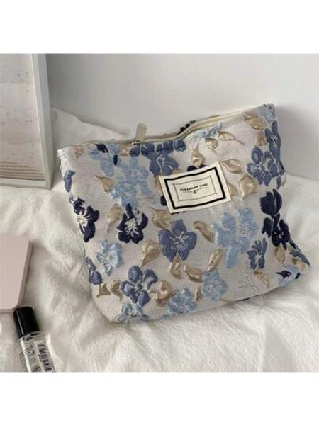 1pc Makeup Bag French Relief Flower Cosmetic Bag Women Bags For Make Up , Small Bag Storage Makeup Case,Travelling Bags For Ladies,Pencil Case Daily Big Large Capacity Makeup Brushes Travel Toiletry Bag Organizer Make Up Bag