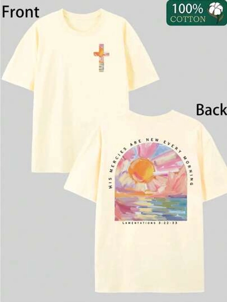 Faith, God, Religion, Cross, Oil Painting Print, 220g Cotton T-Shirt, 100% Cotton Men's Casual T-Shirt, Super Soft, Loose Fit, Sweat-Absorbent And Breathable, Outdoor Men,
