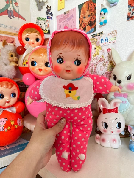 Cute Japanese vintage Pink Polka Dot Baby Doll / rubber face plush toy kitschy nursery stuffed plushie Showa retro from Japan 1960s