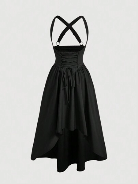 SHEIN MOD Plus Size Milkmaid Dress Buckle Waist Belted High Low Women Dress,Birthday Dresses For Women