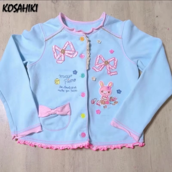 Japanese Kawaii Cartoon Embroidery Coat Y2k Aesthetic Girls Sweet Loose Outwear Women Ruffled Patchwork Cute Pocket Bow Jacket - AliExpress 200000345