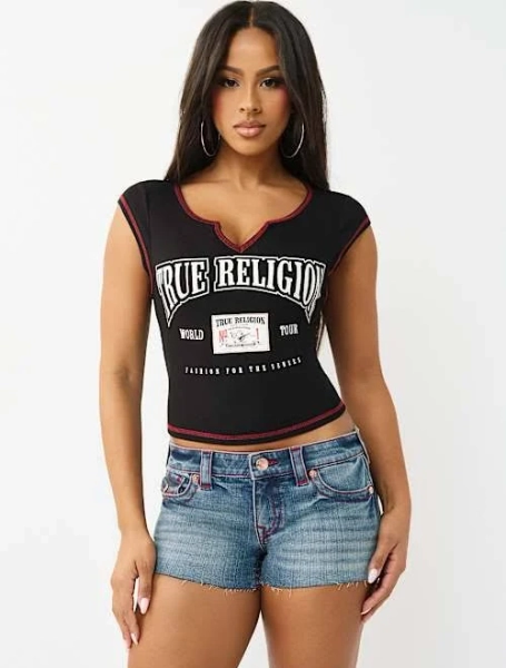 True Religion Women's Buddha Patch V-Notch T-Shirt