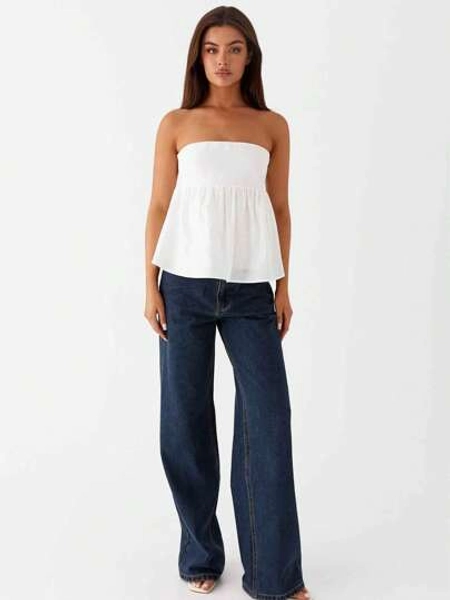 Women Sexy Strapless Ruffle Hem Tube Top Summer Solid Sleeveless Backless Tube Top Pleated Peplum Flowy Bandeau Top