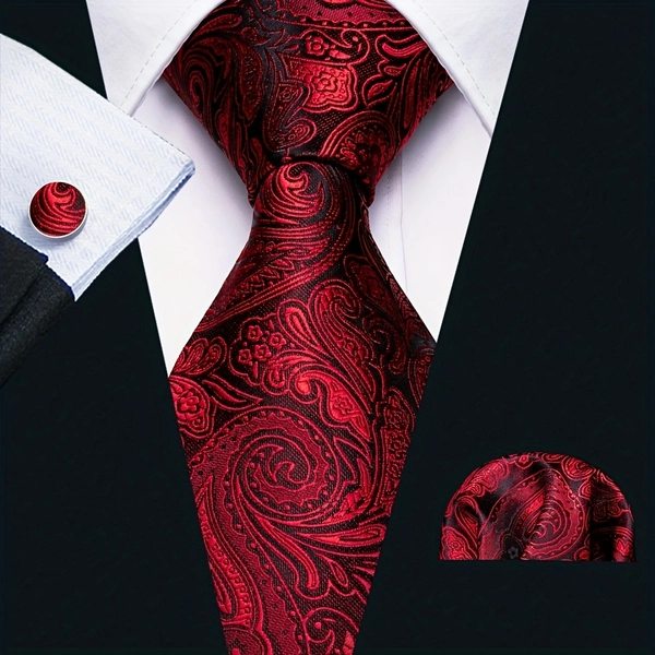 Mens Ties Burgundy Red Paisley Plaids Necktie Set with Pocket Square Cufflinks Formal Wedding Accessiries