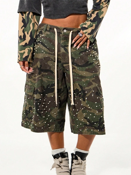 SUMWON WOMEN Camouflage Cargo Shorts With Pearl Rhinestone Embellishments Wide Leg Jorts For Festival Streetwear Summer
