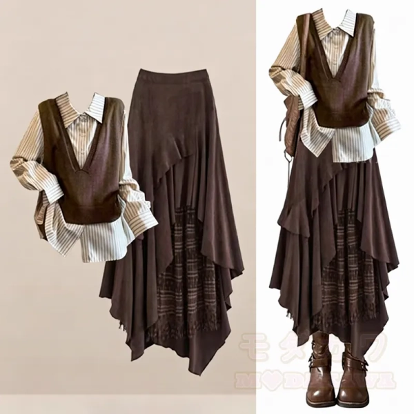 Vintage Preppy Stripe Shirt Knit Vest Irregular Patchwork Skirt Three Pieces Set