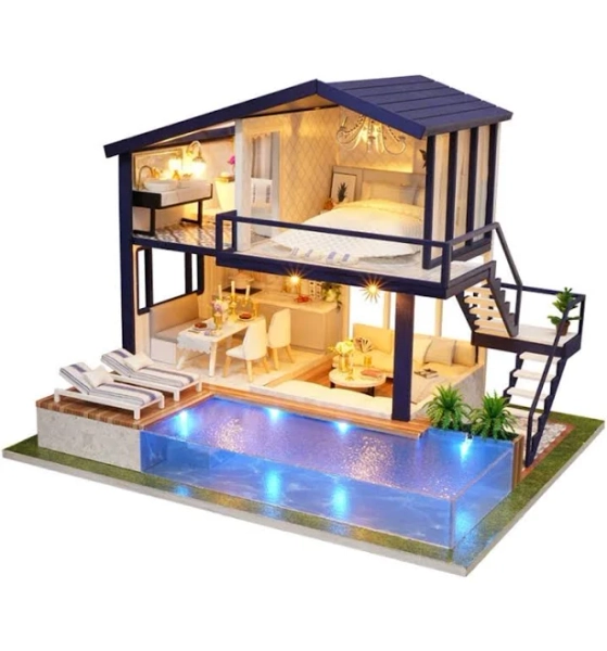 DIY Miniature Dollhouse Kit,UniHobby Time Apartment DIY Dollhouse Kit with Wooden Furniture Light Gift House Toy for Adults