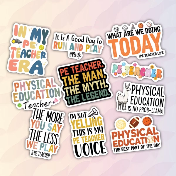 10pcs Physical Education Teacher Stickers Pack, PE Teacher Stickers, PE Coach Stickers, Motivational PE Stickers For Kindle, Laptop, Tumbler