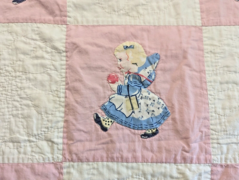 39"x45" VTG BABY QUILT/NURSERY WALL Display handmade w/Fabric Appliques,  PREOWN
