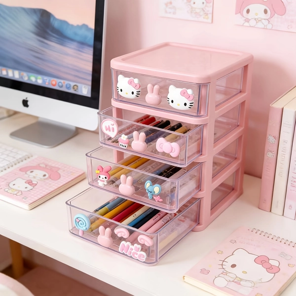 Sanrio Hellokitty Four-Layer High-Value Large-Capacity Organizing Storage Sundries Desktop Drawer Storage Box, Desk & Drawer Organizer for Home Storage