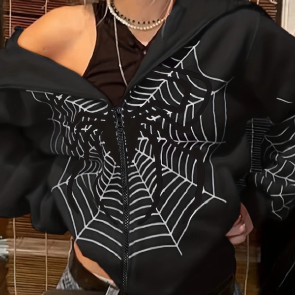 Targeted European And American Cross-Border Fleece Women'S Hoodie Spider Web Print Loose Zipper Y2K Casual Women'S Hooded Cardigan