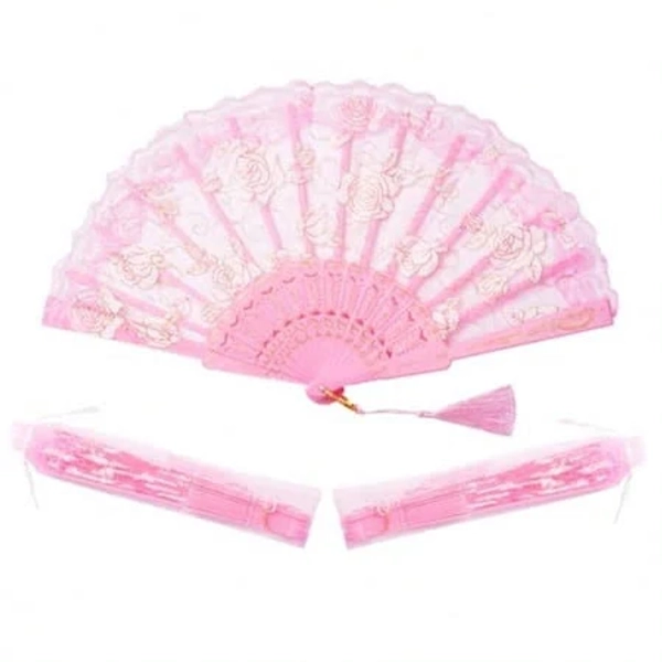 30pcs Pink Rose Lace Floral Folding Hand Fans Chinese Retro Folding Fan Bridal Dancing Props Church Wedding Party Favors With Organza Bags, Women's,