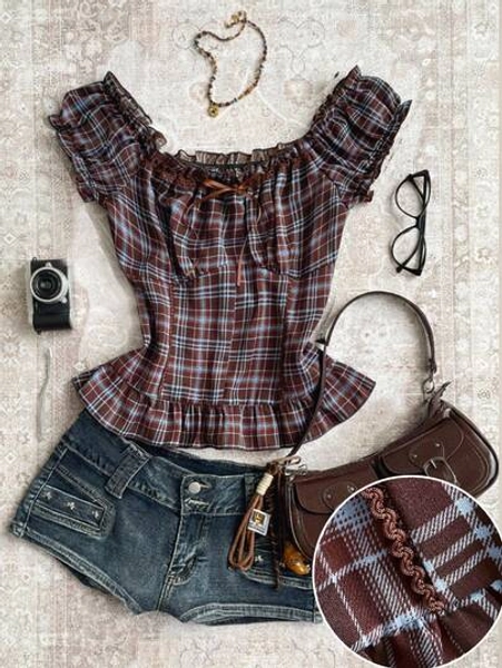 Attitoon Off-Shoulder Ruffle Trim Plaid Blouse, Cute Women Top, Brown - Size XL