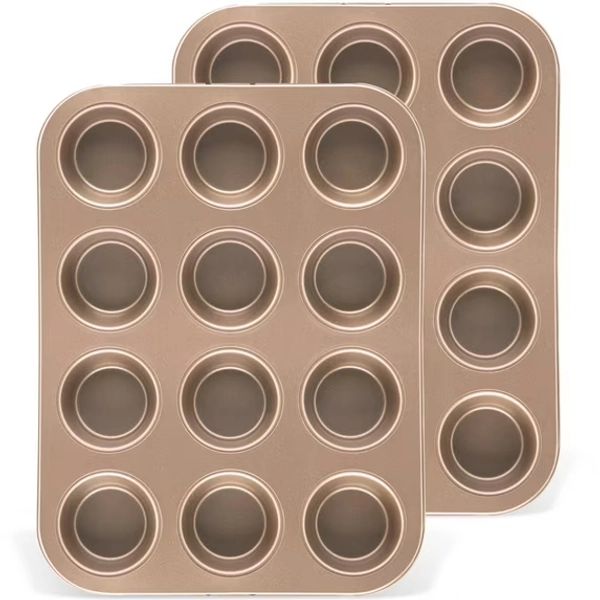 LIMICAR 2 Pack Nonstick Cupcake Pan & Muffin Tin 12-Cup, Heavy Duty Carbon Steel Muffin Pans Nonstick for Baking, Dishwasher Safe, Gold