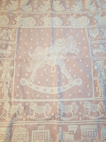 BABY COVERLET made w/VTG White Lace PANEL x Wall Display/Nurser<wbr/>y Decor, PREOWN 