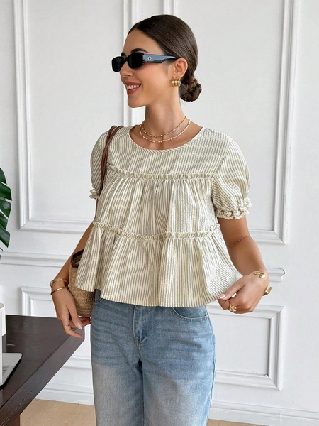 Serisse Women's Yellow Striped Round Neck Short Puff Sleeve Frill Trim Blouse, French-Style Summer , Suitable For Spring And Summer Work Commutes/Dates, Summer Spring Women, Holiday