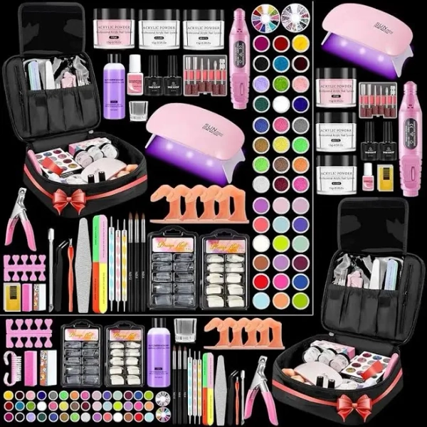 Professional Manicure Nail Art Set for Beginners - 42 Colors Glitter Powder, Liquid, UV Light, Drill, Brush, Practice Finger, Nail Bag Organizer Case,