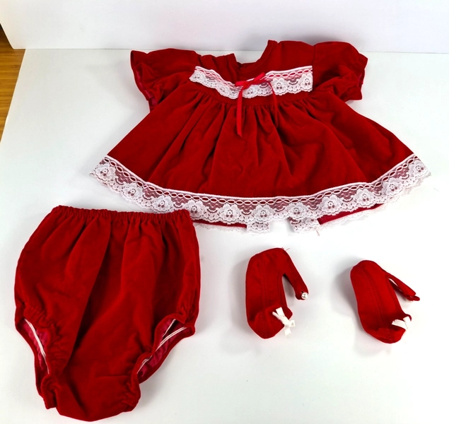 Vintage 1980s Baby Girl’s Red Velvet Lace Dress Set with Shoes 6-9 mos