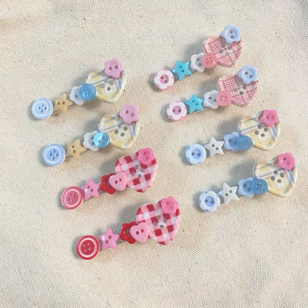 Cute Button Hair Clip, Plaid Heart & Flower Barrette, Craftcore Cottagecore Aesthetic Accessory