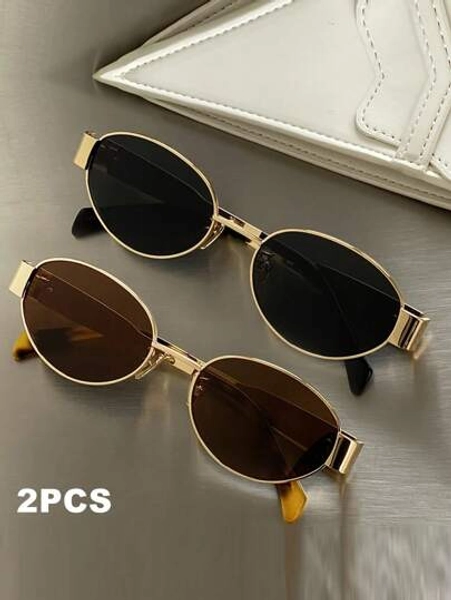 2pcs Metal Frame Oval Retro Fashion Glasses, Fashionable Design For Women, Suitable For Everyday Wear, Traveling & Beach Preppy Style For Back To School
