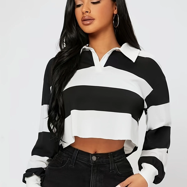 Women'S Chic Black & White Striped Long Sleeve Crop Top - Casual Polo Collar, Button Detail, Lightweight Pullover for Spring/Fall